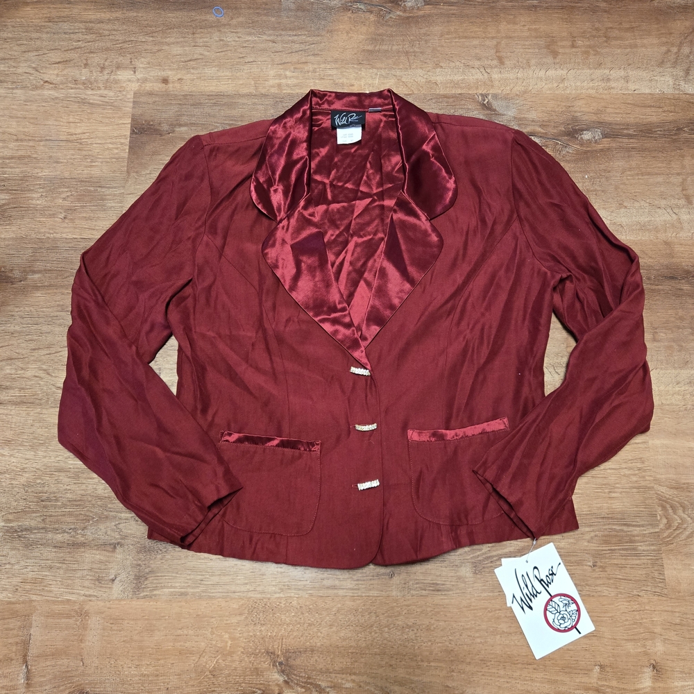 NWT! Vintage Wild Rose Burgundy Satin-Trim Blazer Size 12 Rhinestone Buttons - Picture 1 of 8